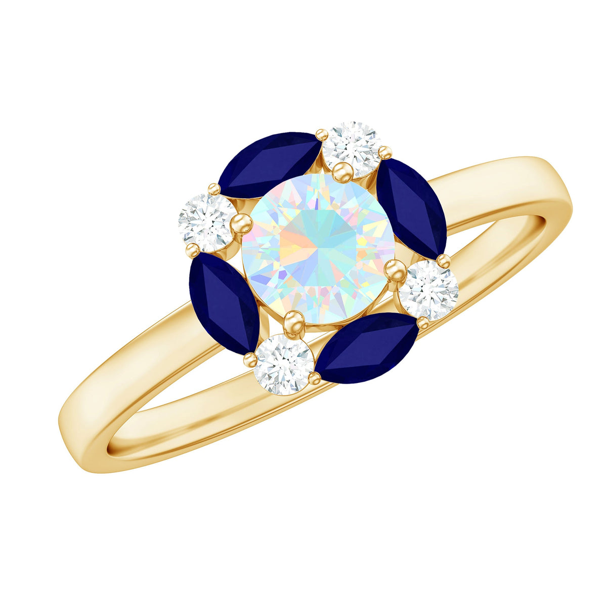 Natural Ethiopian Opal and sapphire designer ring by Rosec Jewels featuring vibrant gemstones and intricate metalwork.