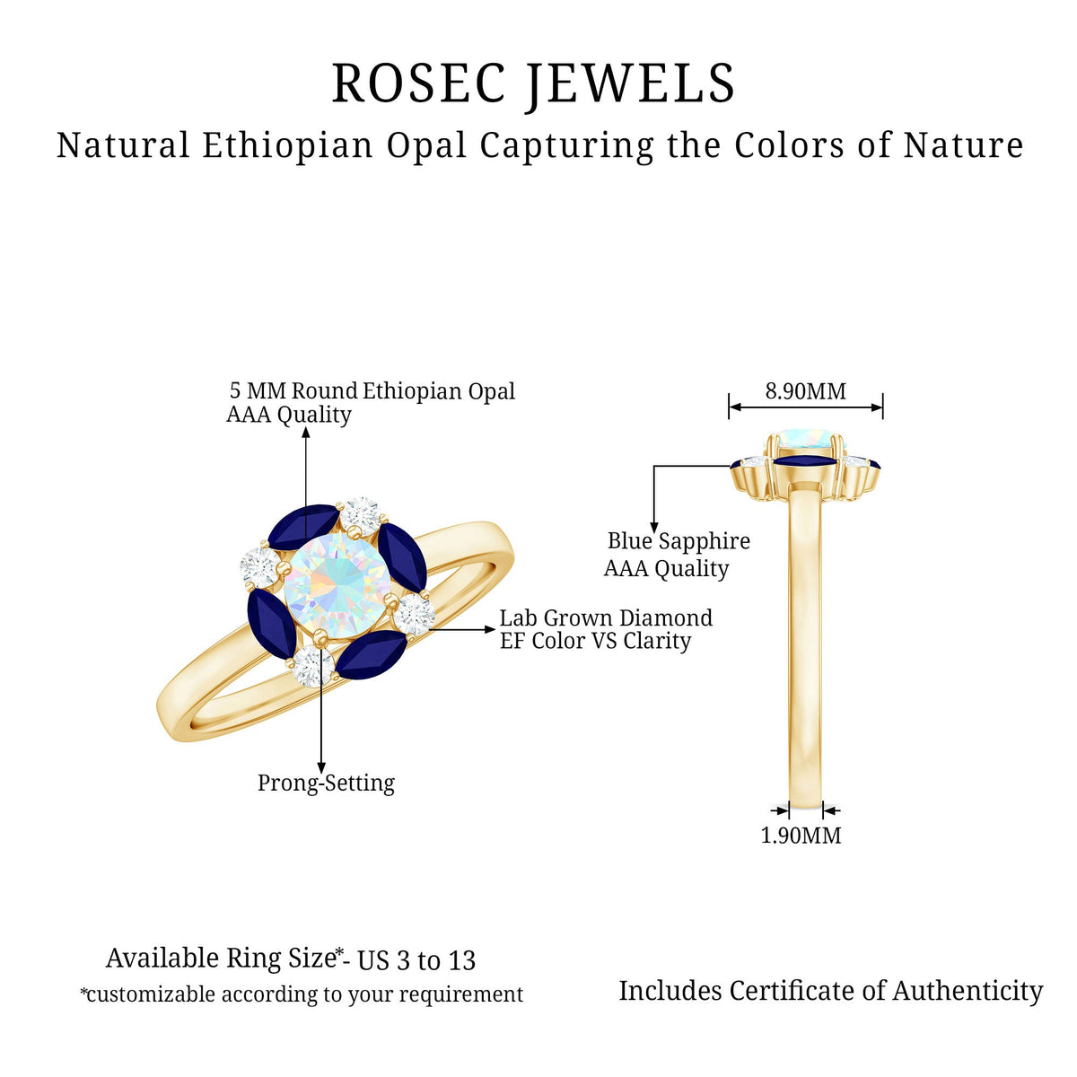 Natural Ethiopian Opal and Sapphire designer ring featuring vibrant gemstones set in an elegant band by Rosec Jewels.