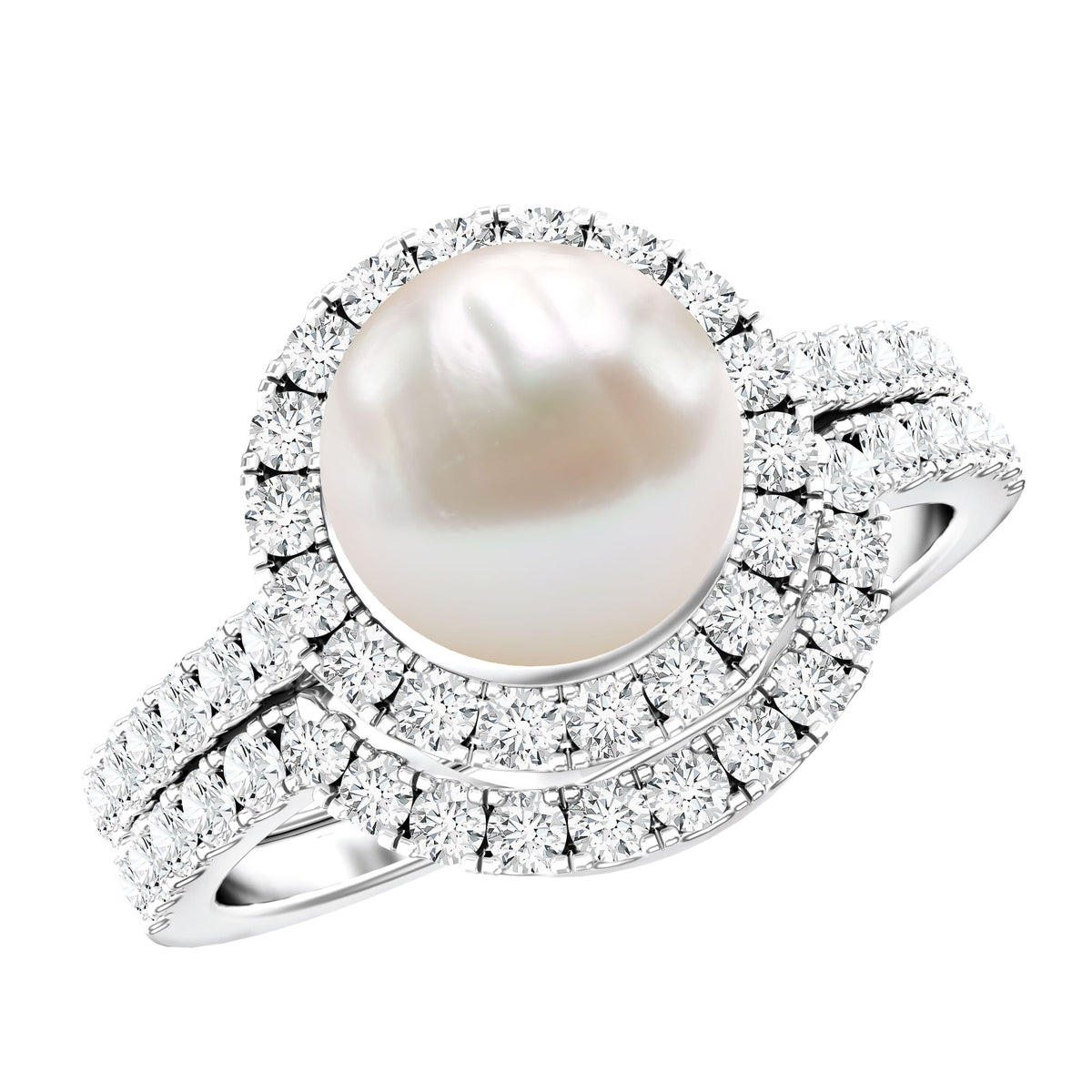 Cultured 7 mm Freshwater Pearl Engagement Ring with Diamond Wedding Band