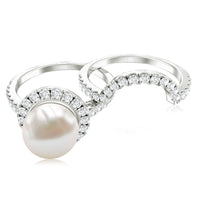 Cultured 7 mm Freshwater Pearl Engagement Ring with Diamond Wedding Band