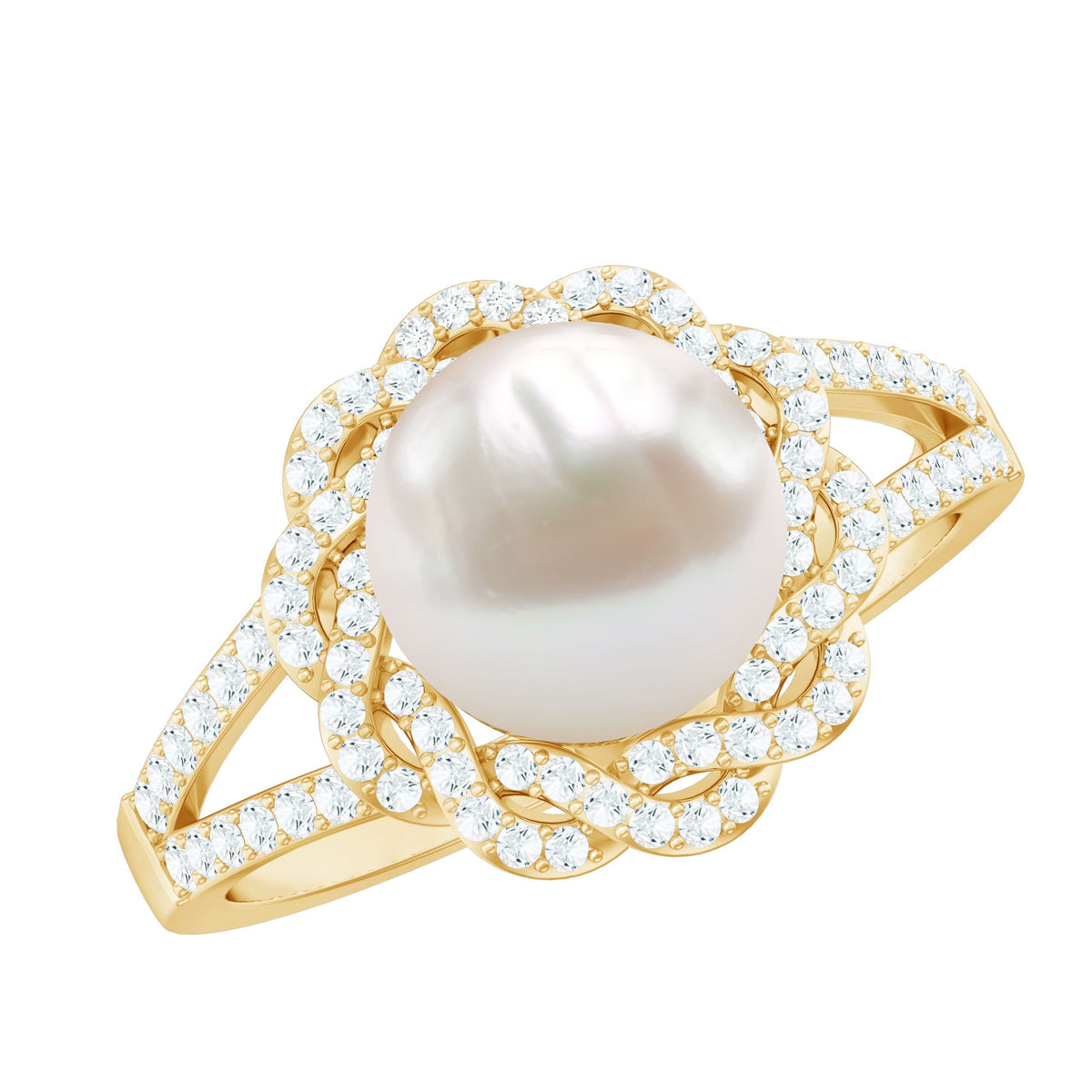 Split Shank Freshwater Pearl and Diamond Braided Statement Ring