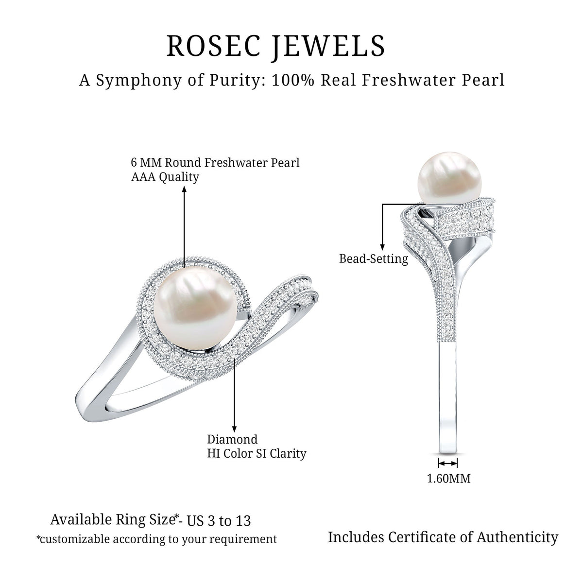 2 Carat Freshwater Pearl Bypass Engagement Ring with Diamond