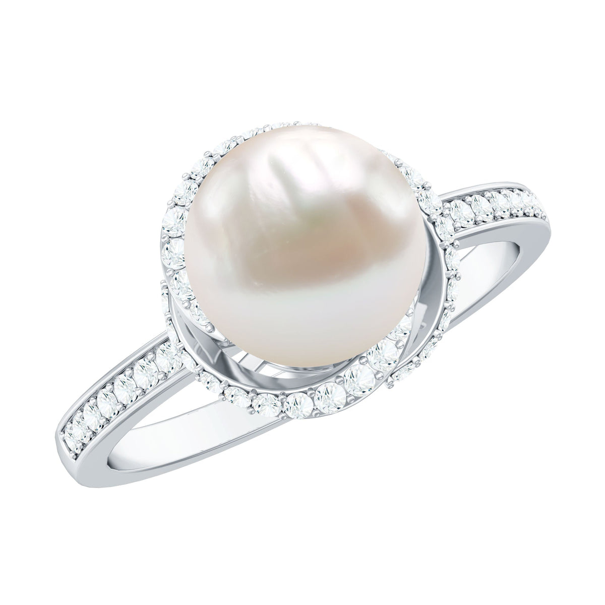 Rosec Jewels 7.4-carat freshwater pearl engagement ring with diamond accent, featuring a delicate band and elegant design.