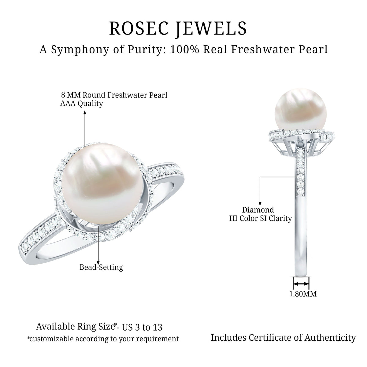 Rosec Jewels 7.4 carat freshwater pearl engagement ring with diamond accent, elegant gold band, and intricate craftsmanship.