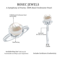 Rosec Jewels 7.4 carat freshwater pearl engagement ring with diamond accent, elegant gold band, and intricate craftsmanship.