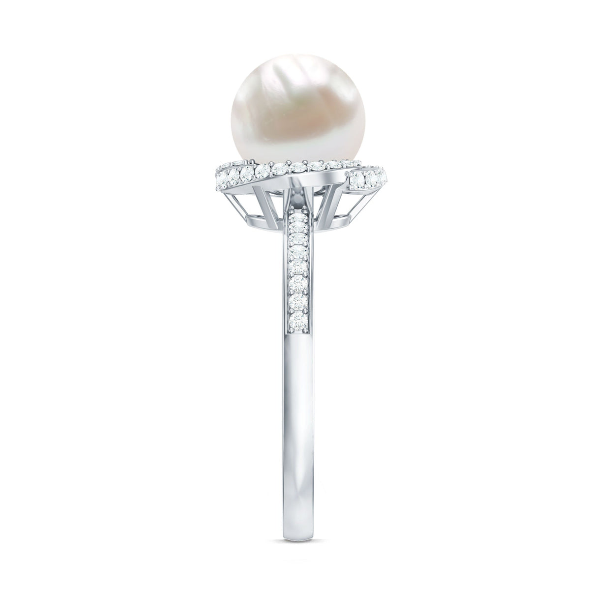 Rosec Jewels 7.4 carat freshwater pearl engagement ring with diamond accents, featuring a sleek band and elegant design.
