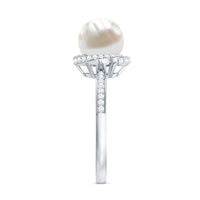 Rosec Jewels 7.4 carat freshwater pearl engagement ring with diamond accents, featuring a sleek band and elegant design.