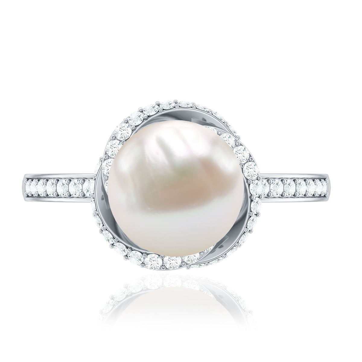 Rosec Jewels designer 7.4 carat freshwater pearl engagement ring with diamond, featuring a sleek band and elegant design.