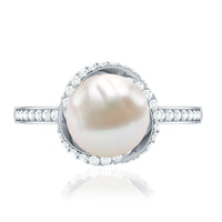 Rosec Jewels designer 7.4 carat freshwater pearl engagement ring with diamond, featuring a sleek band and elegant design.