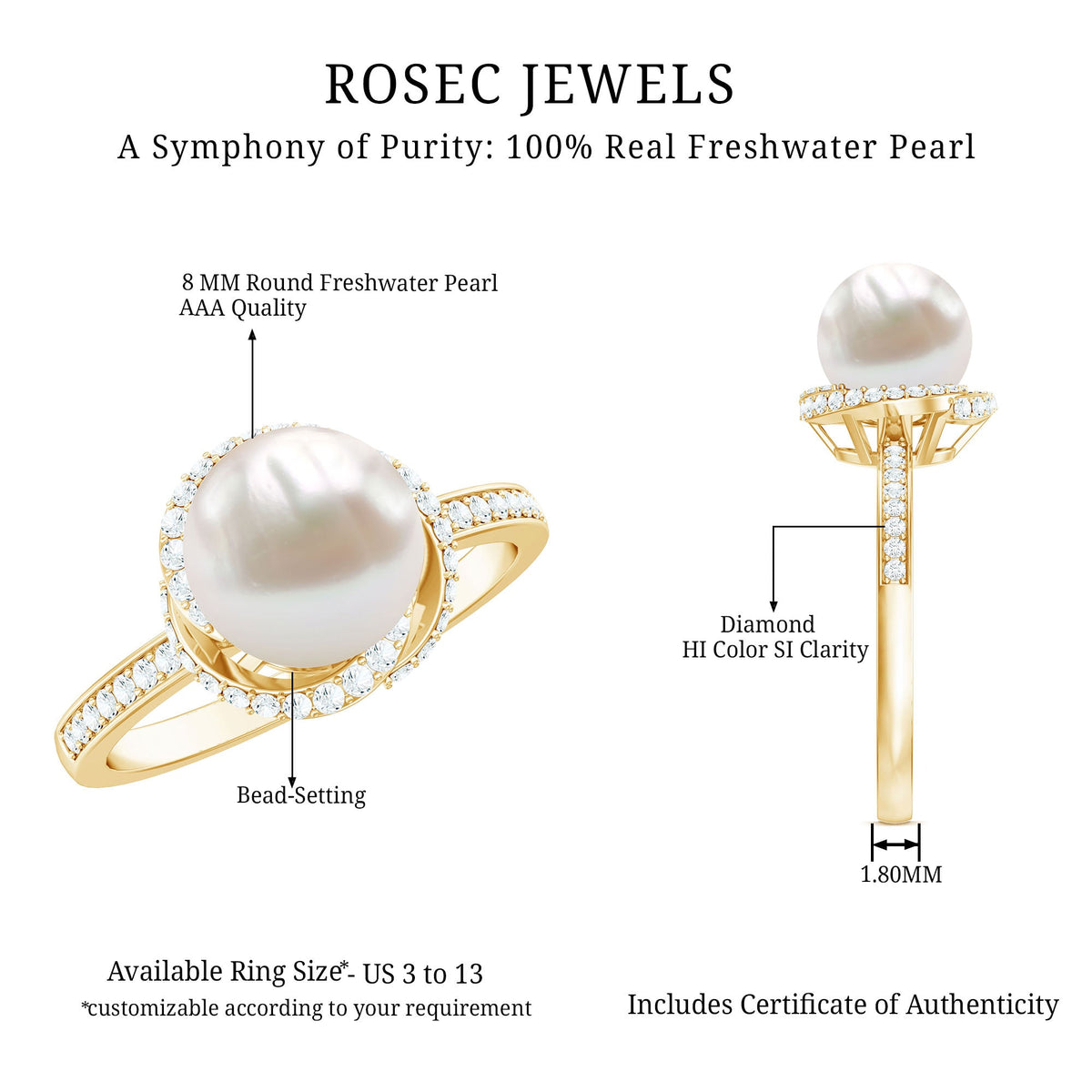 Rosec Jewels designer 7.4 carat freshwater pearl engagement ring with diamond, featuring a elegant ring setting and intricate details.