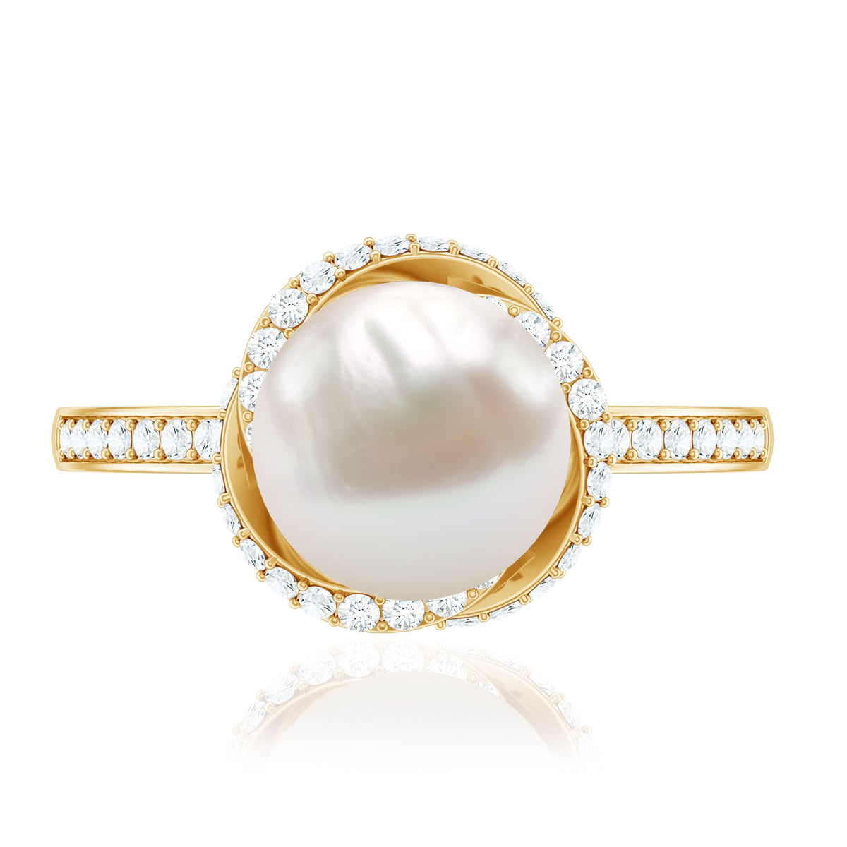 Rosec Jewels designer 7.4 carat freshwater pearl engagement ring with diamond, showcasing a pearl center and sparkling diamond accents.