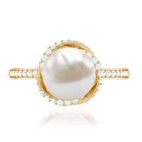 Rosec Jewels designer 7.4 carat freshwater pearl engagement ring with diamond, showcasing a pearl center and sparkling diamond accents.