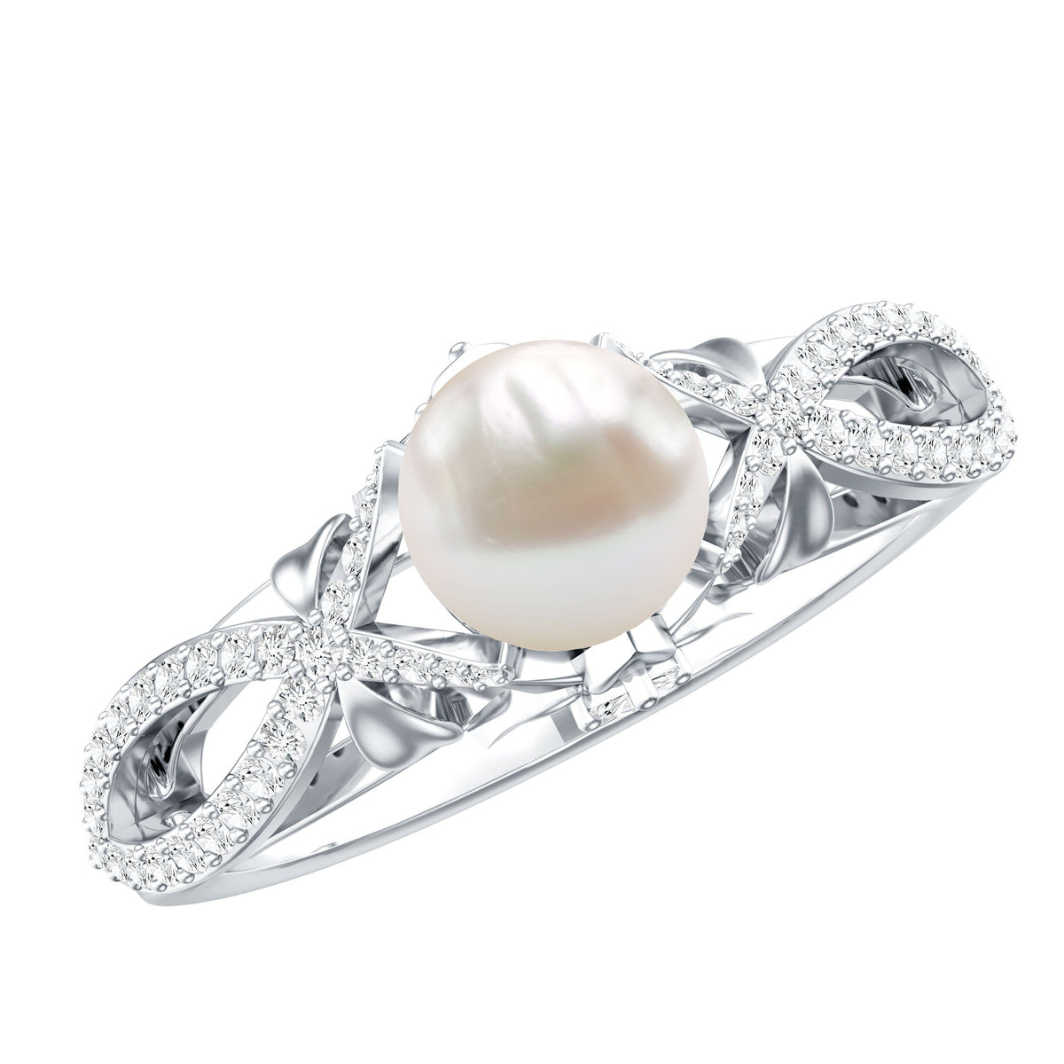 Cultured 2 Carat freshwater pearl solitaire engagement ring with diamond crossover shank by Rosec Jewels, showcasing elegant design.