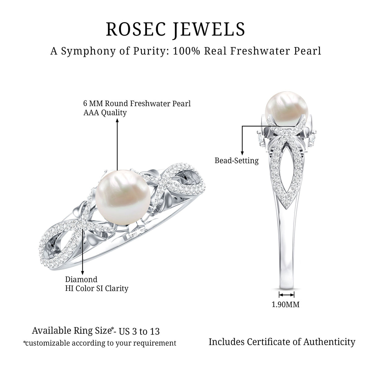 Cultured 2 Carat freshwater pearl solitaire engagement ring with diamond crossover shank by Rosec Jewels, showcasing elegant design.