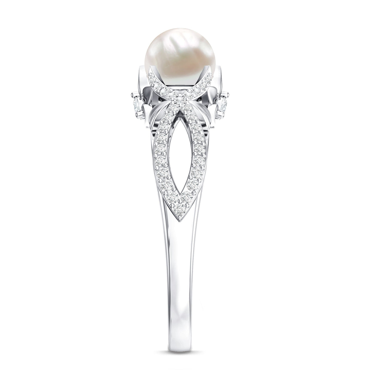 Cultured 2 Carat freshwater pearl solitaire engagement ring with diamond crossover shank by Rosec Jewels, showcasing elegant design and craftsmanship.
