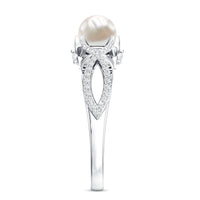 Cultured 2 Carat freshwater pearl solitaire engagement ring with diamond crossover shank by Rosec Jewels, showcasing elegant design and craftsmanship.