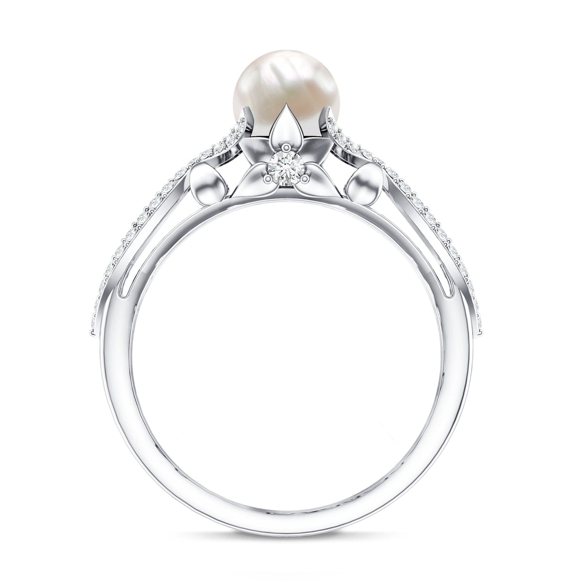 Cultured 2 Carat freshwater pearl solitaire engagement ring with diamond crossover shank by Rosec Jewels showing close-up of the ring.