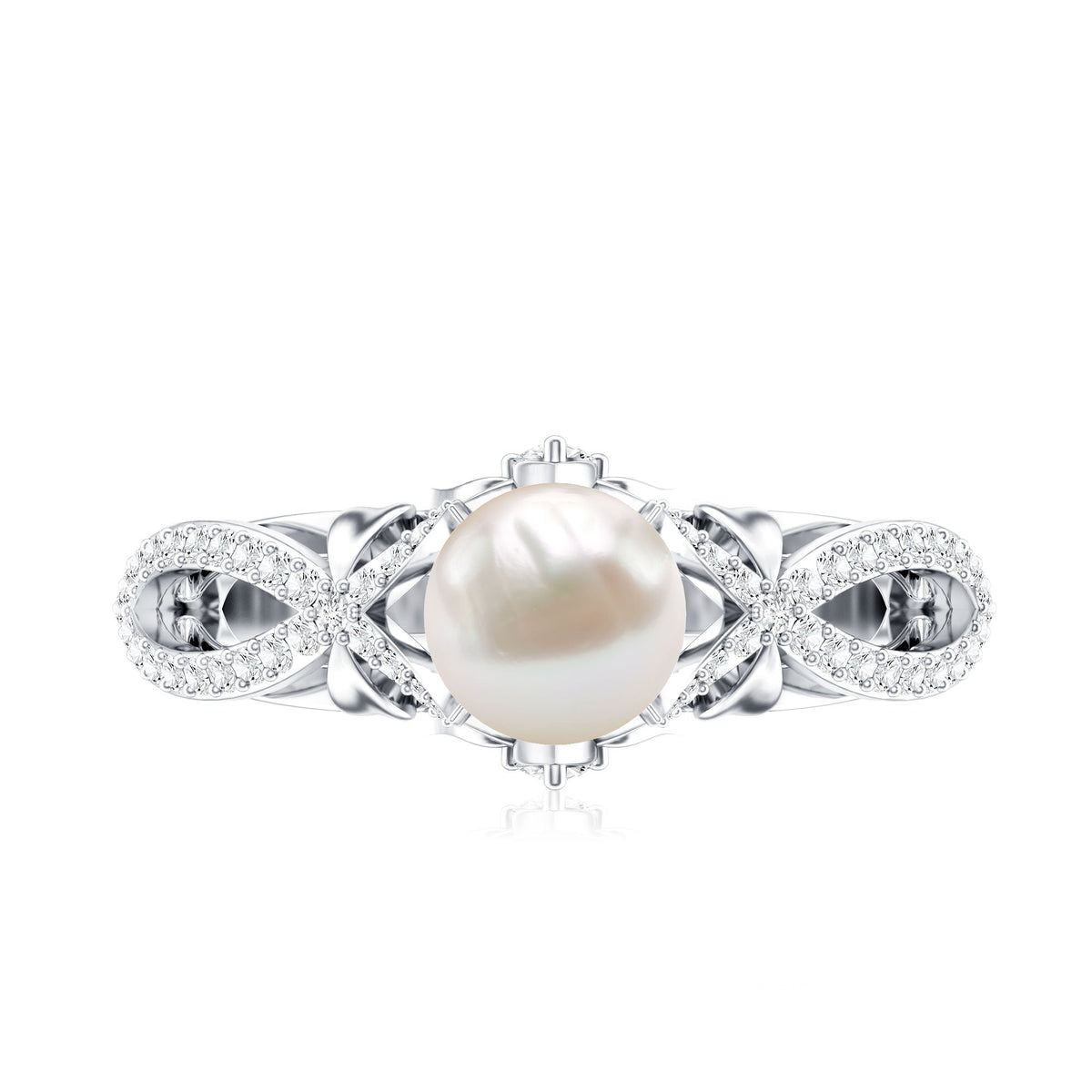 Cultured 2 Carat freshwater pearl solitaire engagement ring with diamond crossover shank by Rosec Jewels, close-up view of ring design