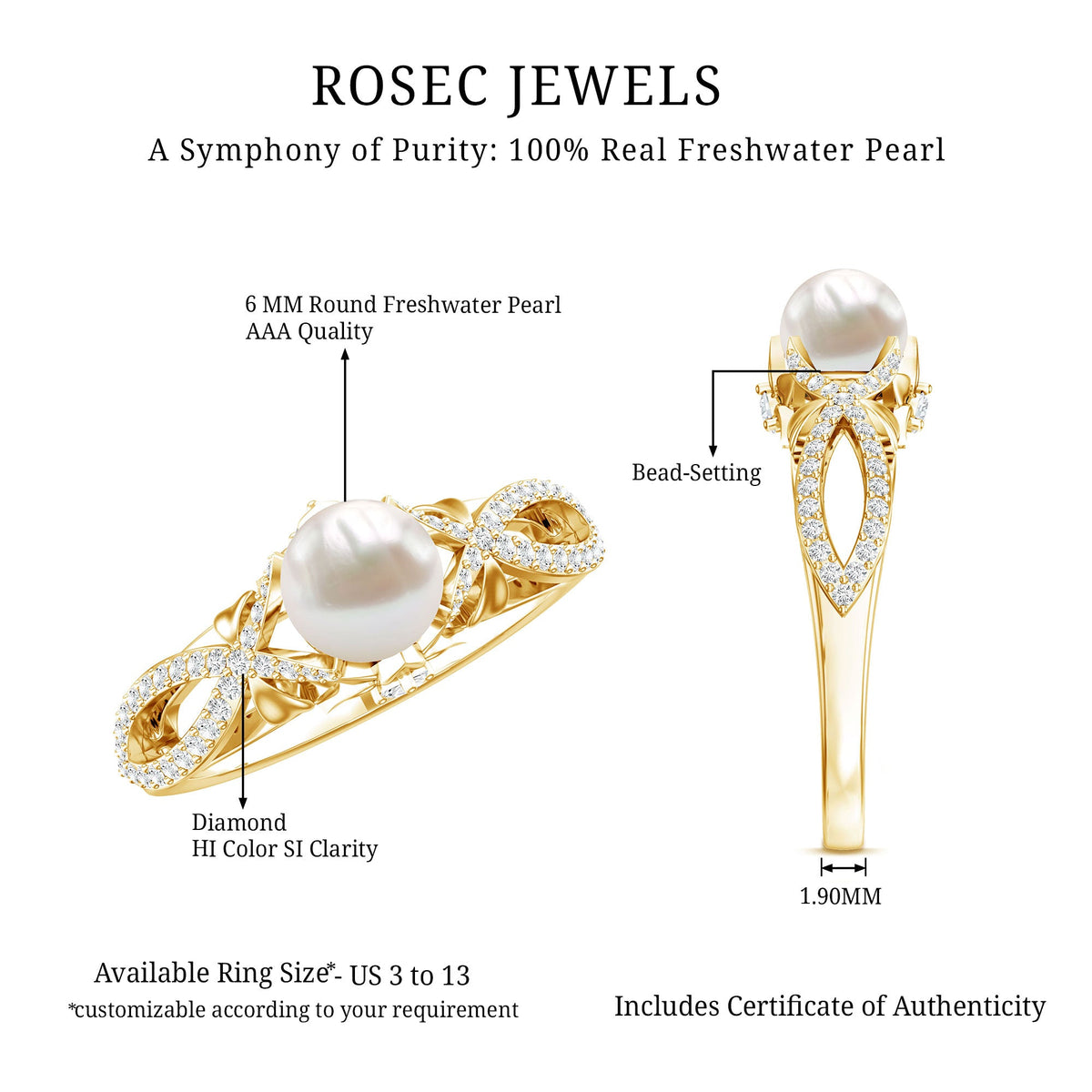 Cultured 2 Carat freshwater pearl solitaire engagement ring with diamond crossover shank by Rosec Jewels, showcasing elegant jewelry design.