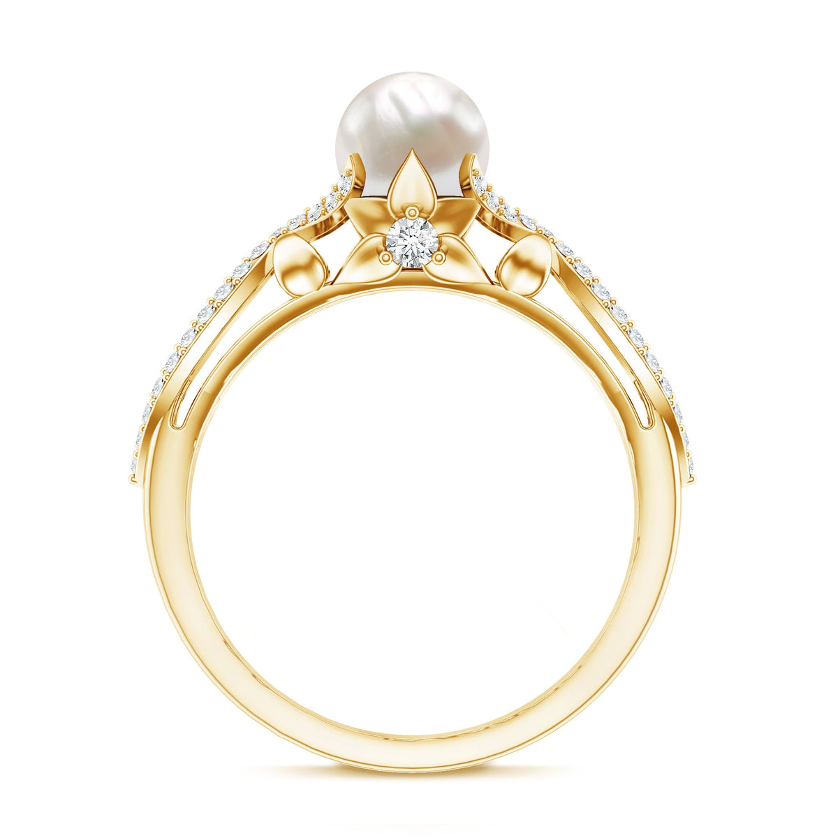 Cultured 2 Carat freshwater pearl solitaire engagement ring with diamond crossover shank from Rosec Jewels.