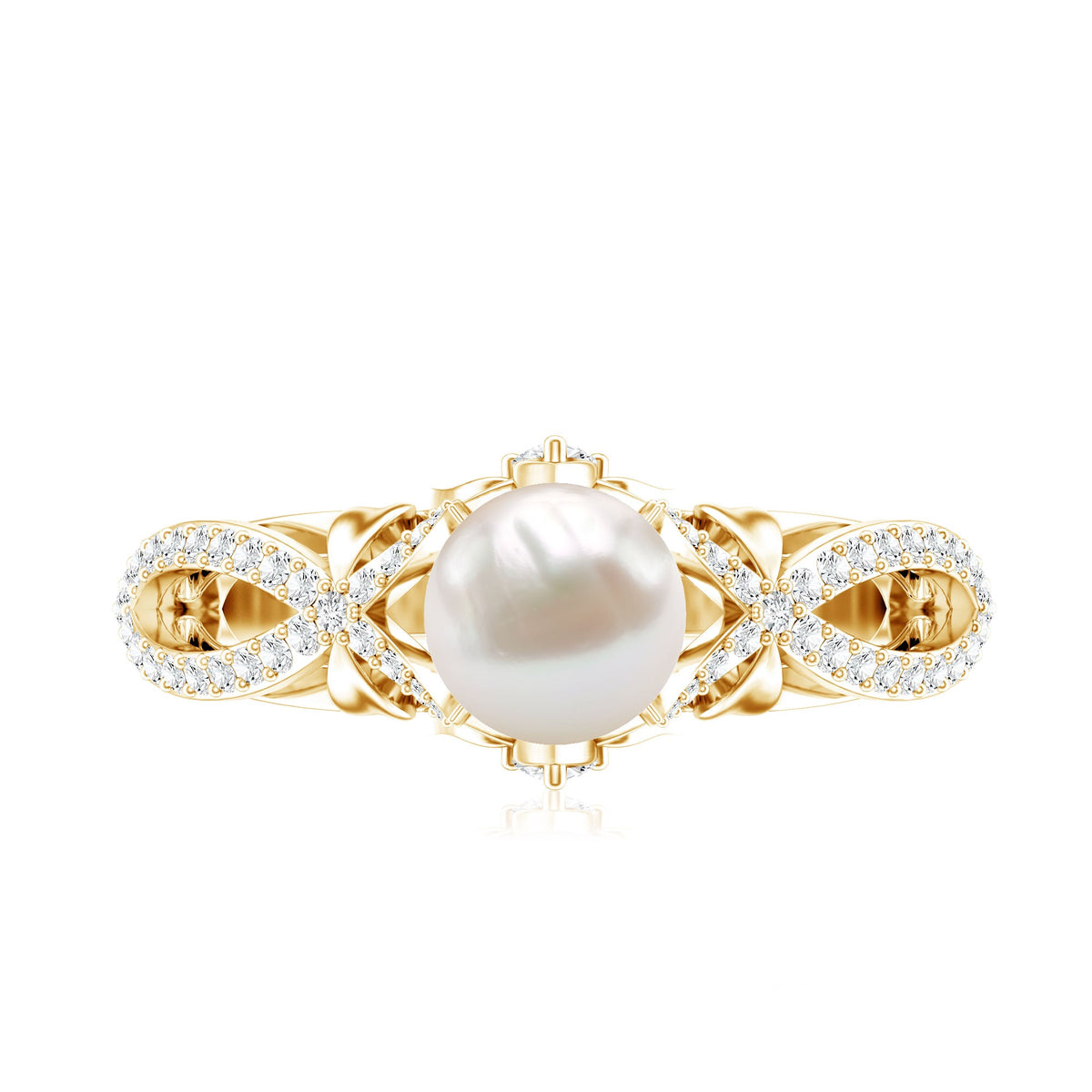 Cultured 2 Carat Freshwater Pearl Solitaire Engagement Ring with Diamond Crossover Shank by Rosec Jewels