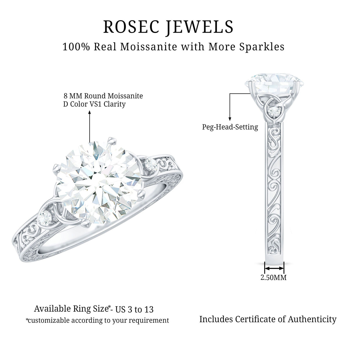 Antique-looking round moissanite Celtic knot engagement ring from Rosec Jewels with intricate Celtic design and sparkling gemstone.