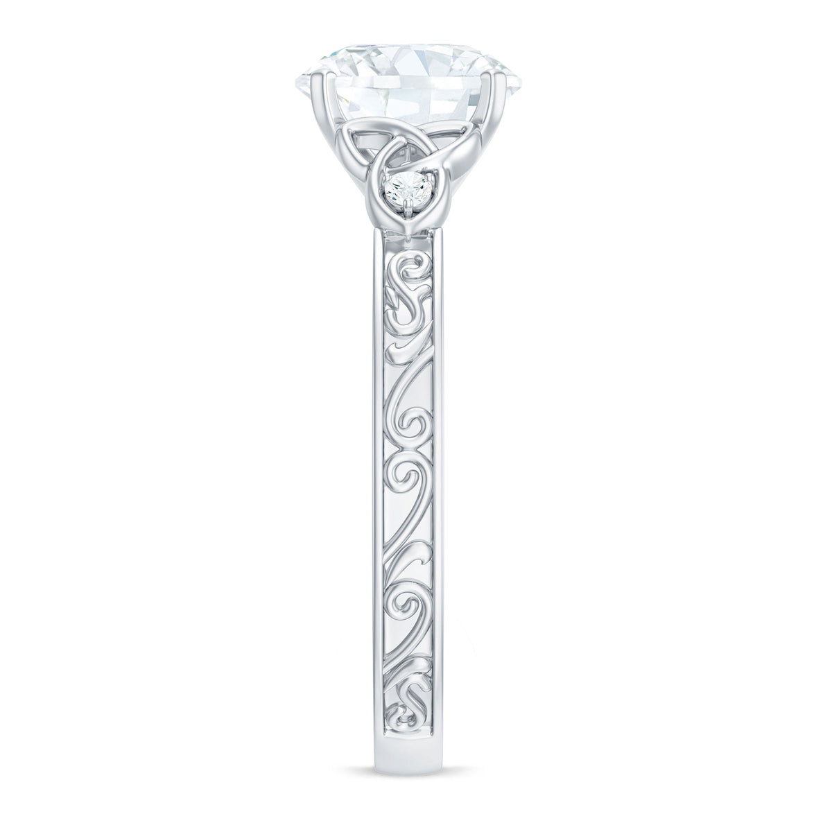 Antique-inspired round moissanite Celtic knot engagement ring by Rosec Jewels showcasing intricate design and sparkling center stone.