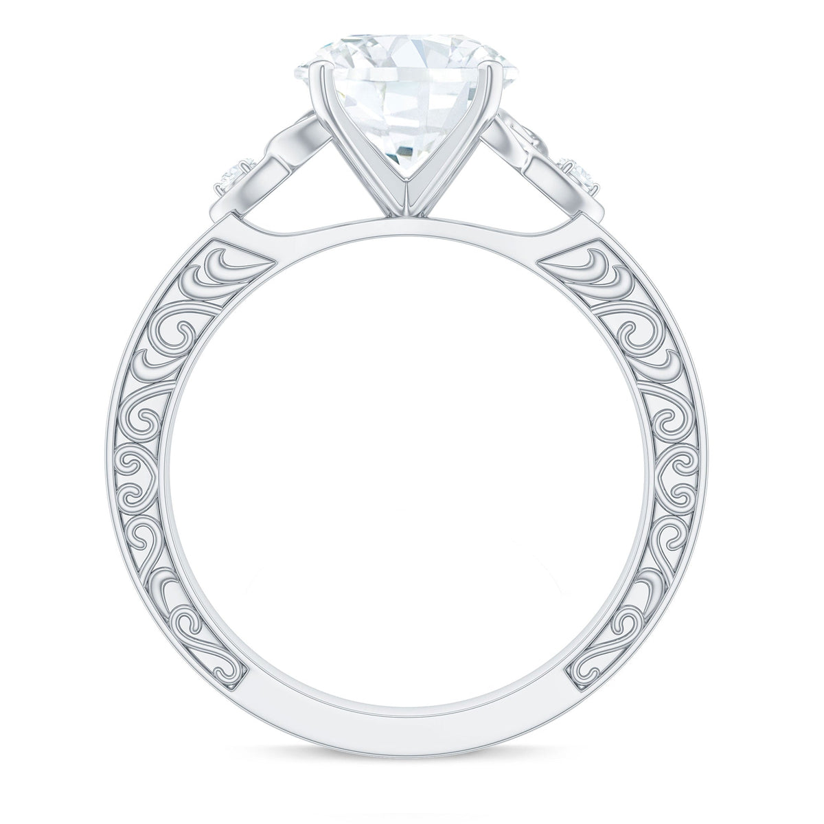 Antique-looking round moissanite Celtic knot engagement ring with intricate design, crafted by Rosec Jewels.