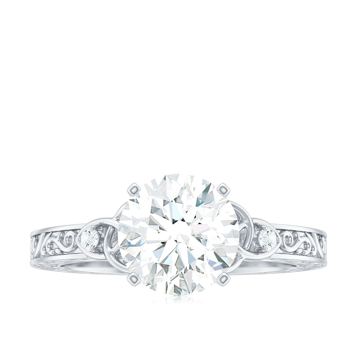 Antique round moissanite Celtic knot engagement ring with intricate design, crafted by Rosec Jewels, featuring detailed metalwork.