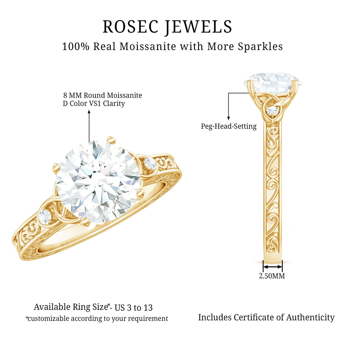 Antique-style round moissanite Celtic knot engagement ring with intricate designs, crafted by Rosec Jewels.