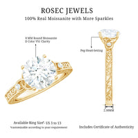 Antique-style round moissanite Celtic knot engagement ring with intricate designs, crafted by Rosec Jewels.