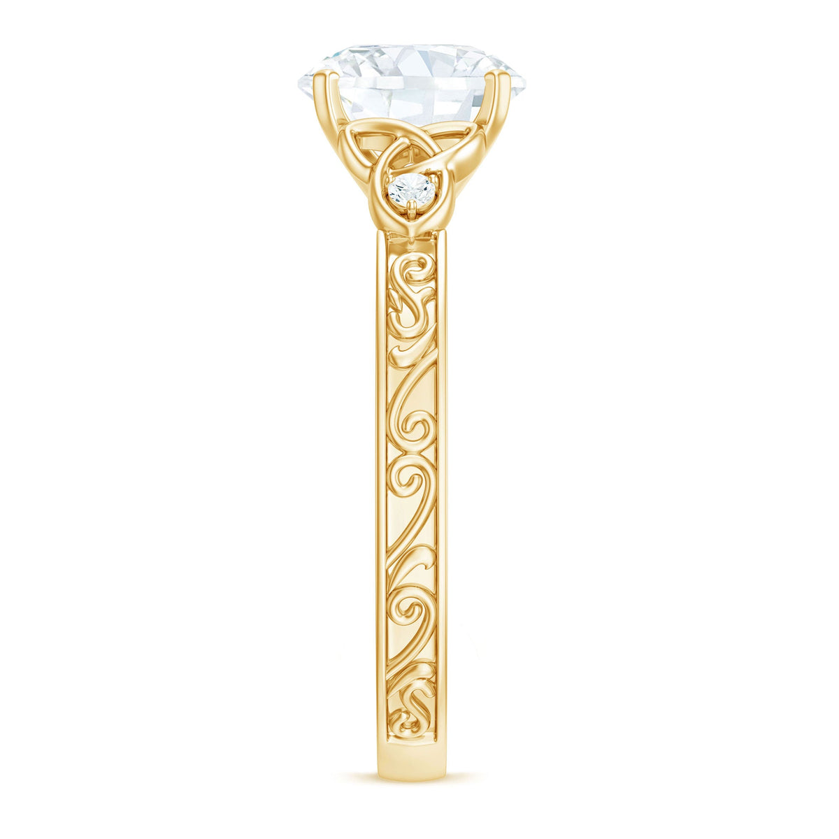 Antique-style round moissanite Celtic knot engagement ring by Rosec Jewels, featuring intricate Celtic design and sparkling center stone.
