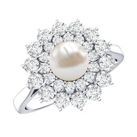 Certified Real Freshwater Pearl Flower Engagement Ring with Moissanite