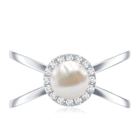 Real 2 Carat Freshwater Pearl Diamond Halo Engagement Ring with Criss Cross Shank