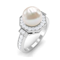 Art Deco Inspired 2 Carat Freshwater Pearl Engagement Ring with Diamond Halo
