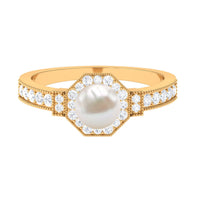 Art Deco Inspired 2 Carat Freshwater Pearl Engagement Ring with Diamond Halo