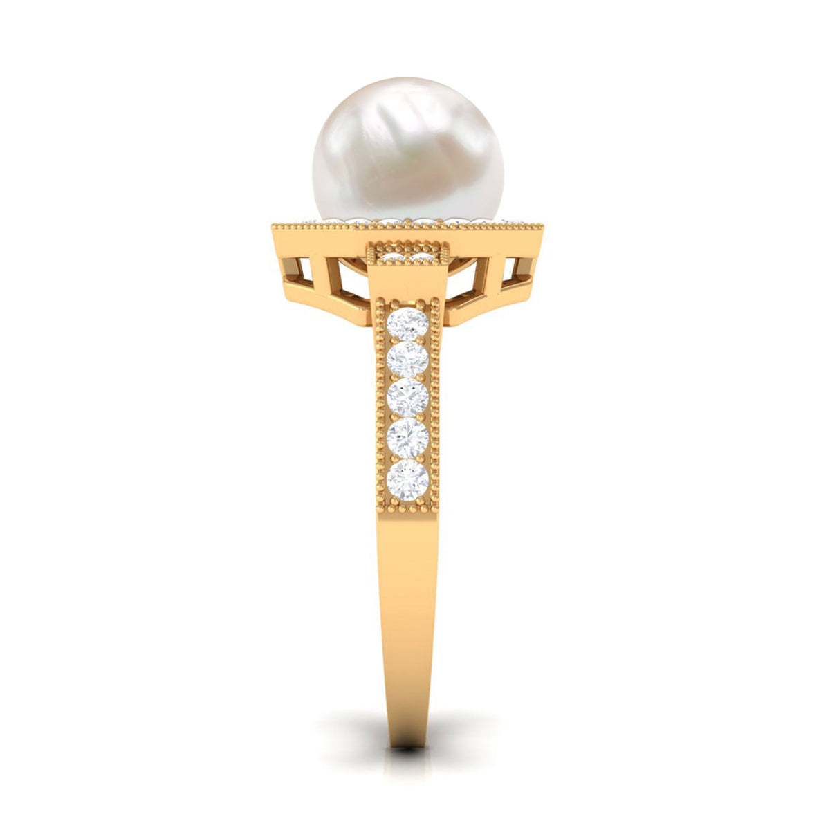 Art Deco Inspired 2 Carat Freshwater Pearl Engagement Ring with Diamond Halo
