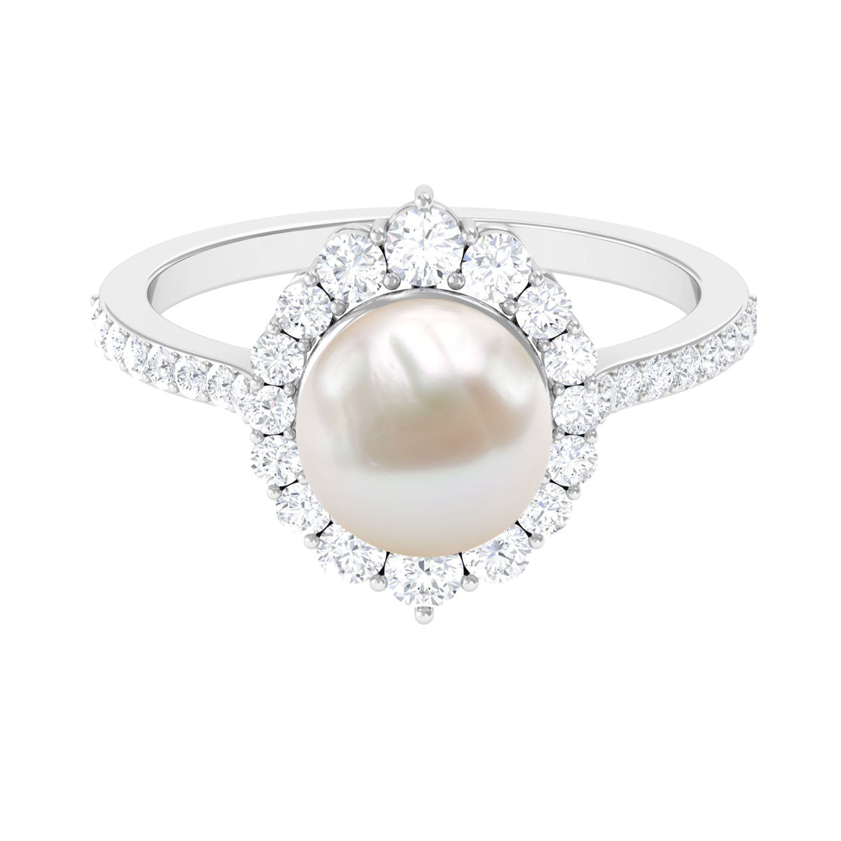 Freshwater pearl and diamond halo engagement ring by Rosec Jewels, featuring a central pearl surrounded by sparkling diamonds.
