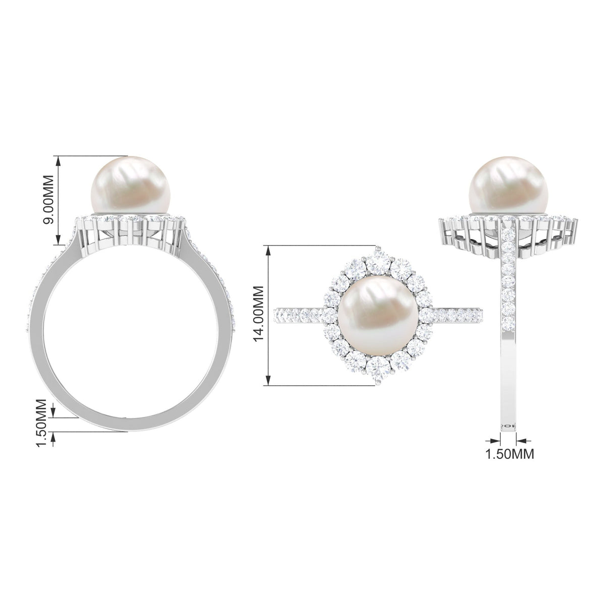 Freshwater pearl and diamond halo engagement ring by Rosec Jewels featuring a central pearl surrounded by sparkling diamonds.