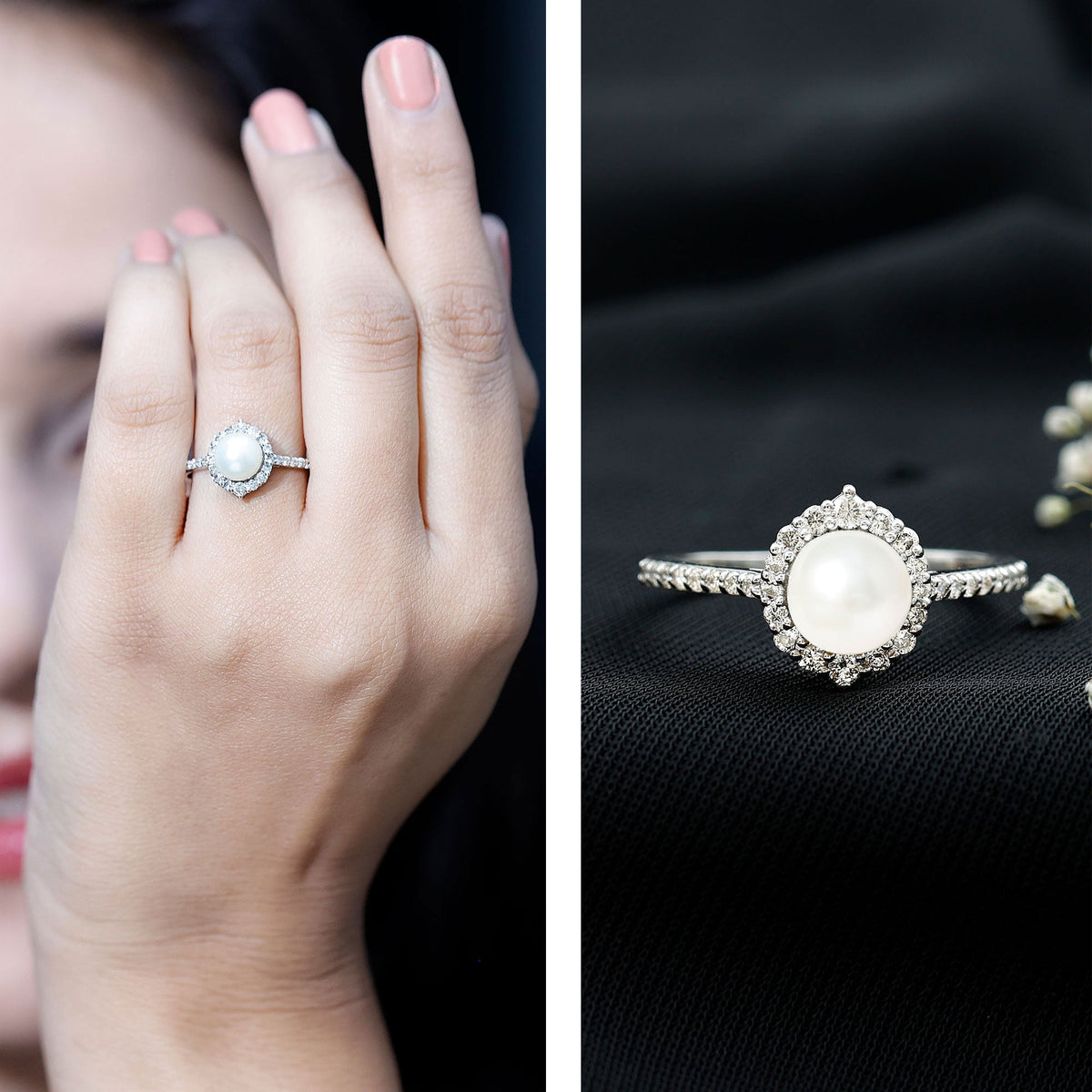 Freshwater pearl and diamond halo engagement ring by Rosec Jewels, showcasing a sparkling center with elegant design.