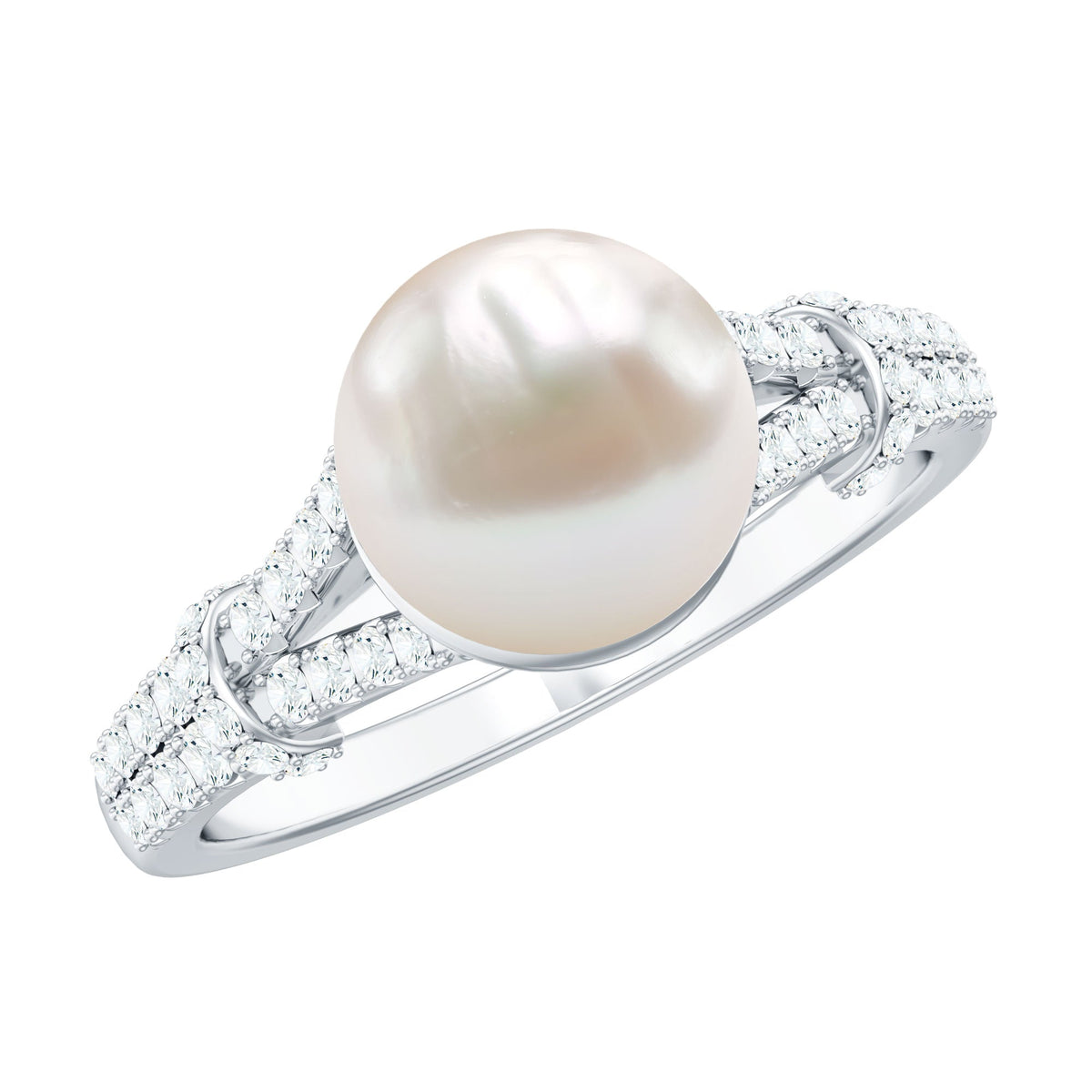 Cultured 7.4 carat freshwater pearl engagement ring with lab diamonds from Rosec Jewels, featuring a elegant and sparkling design.