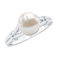 Cultured 7.4 carat freshwater pearl engagement ring with lab diamonds from Rosec Jewels, featuring a elegant and sparkling design.