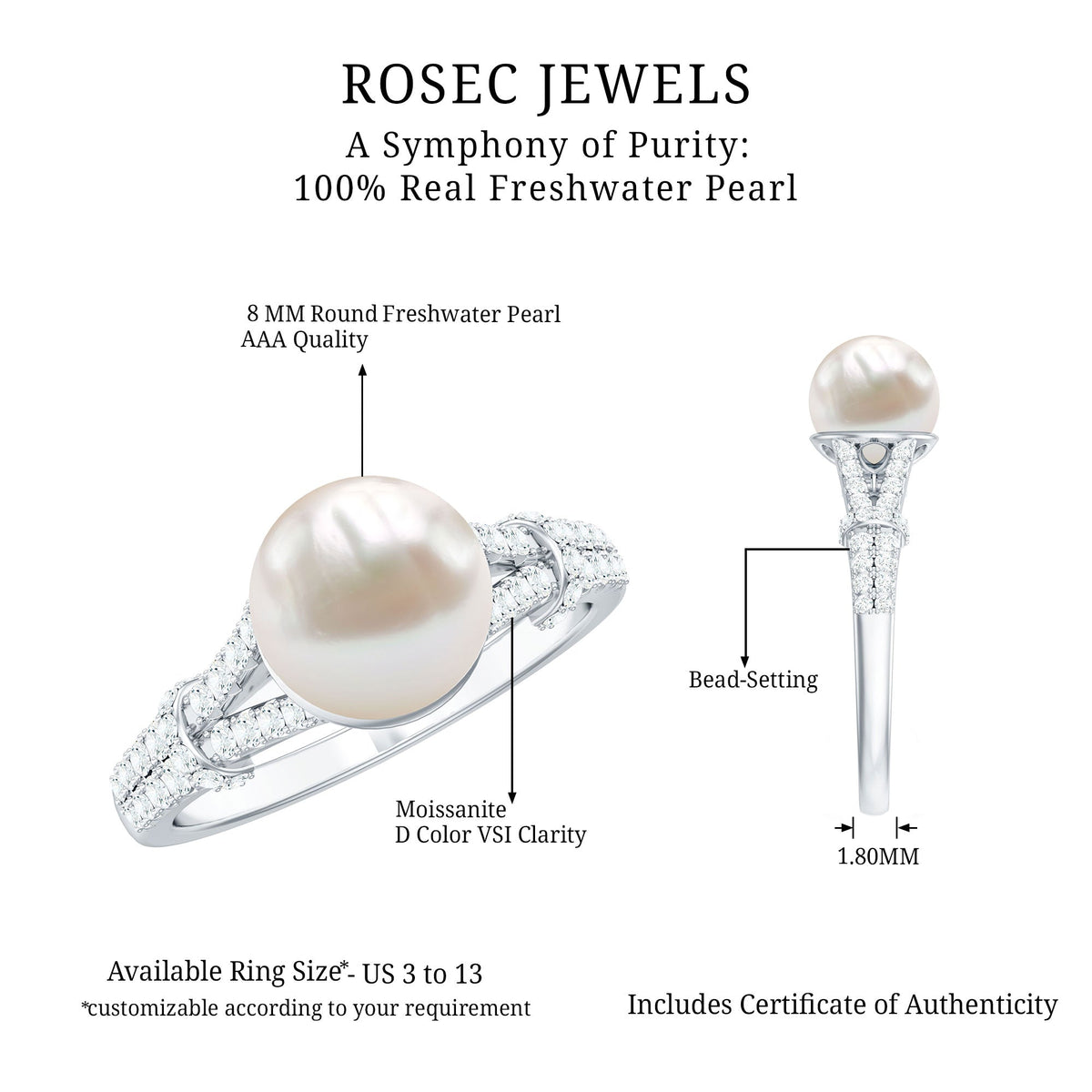 Rosec Jewels cultured 7.4 carat freshwater pearl engagement ring with lab diamond accents, featuring a elegant band design.