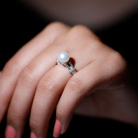 Rosec Jewels cultured 7.4 carat freshwater pearl engagement ring with lab diamonds, featuring a detailed view of the elegant ring design.
