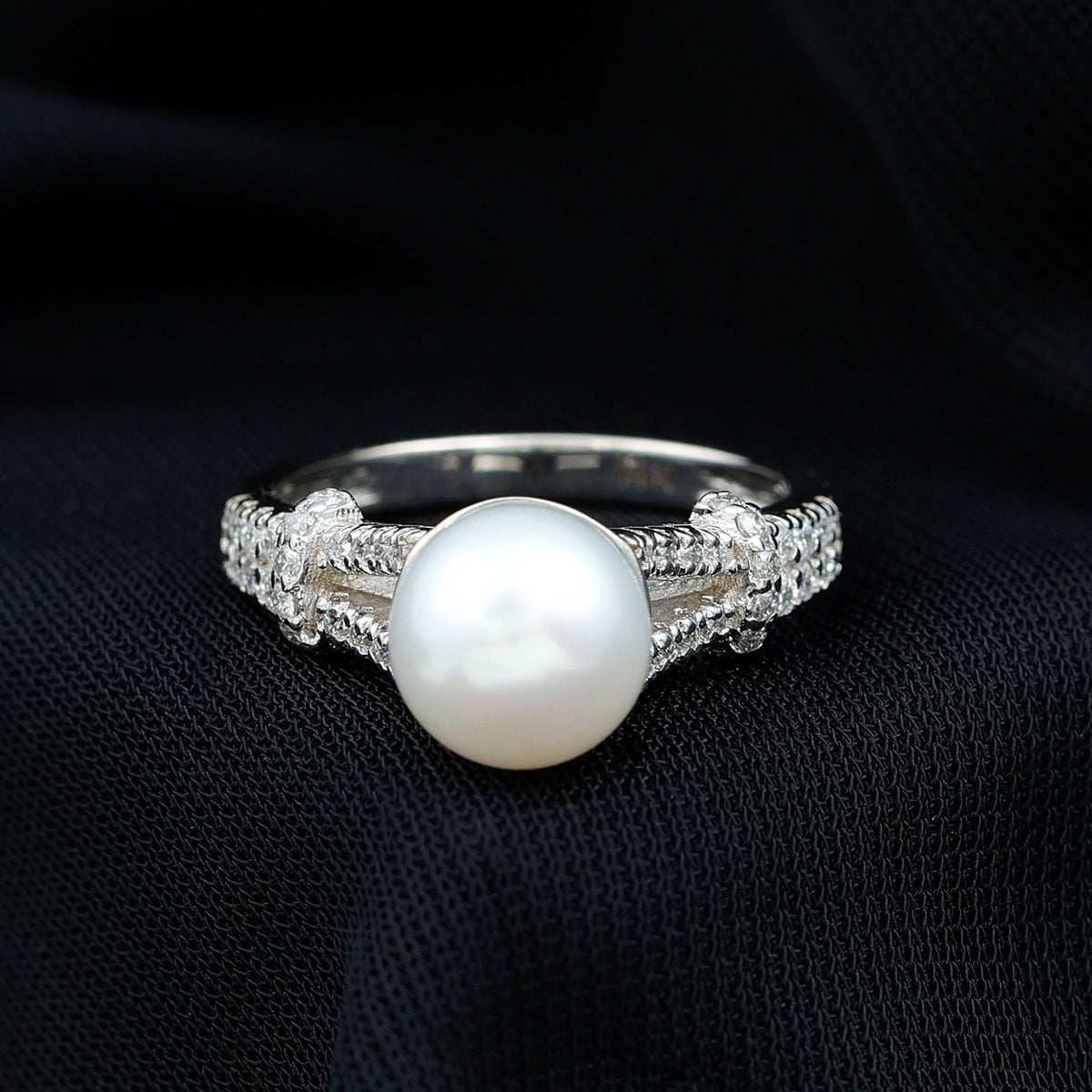 Rosec Jewels cultured 7.4-carat freshwater pearl engagement ring with lab diamonds, showcasing a elegant ring design and sparkling accents.