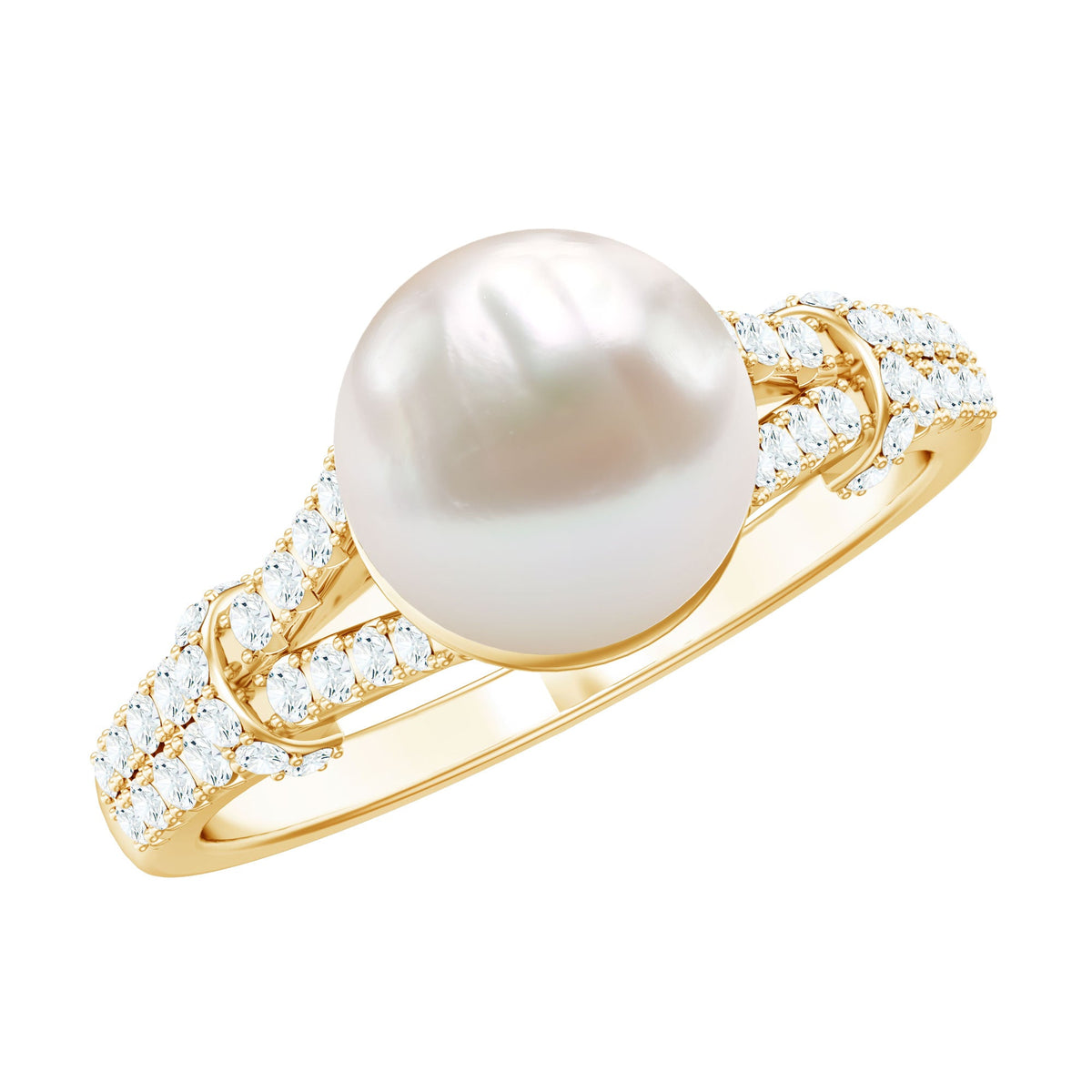 Cultured 7.4 carat freshwater pearl engagement ring with lab diamonds, featuring a rose gold band and intricate design.