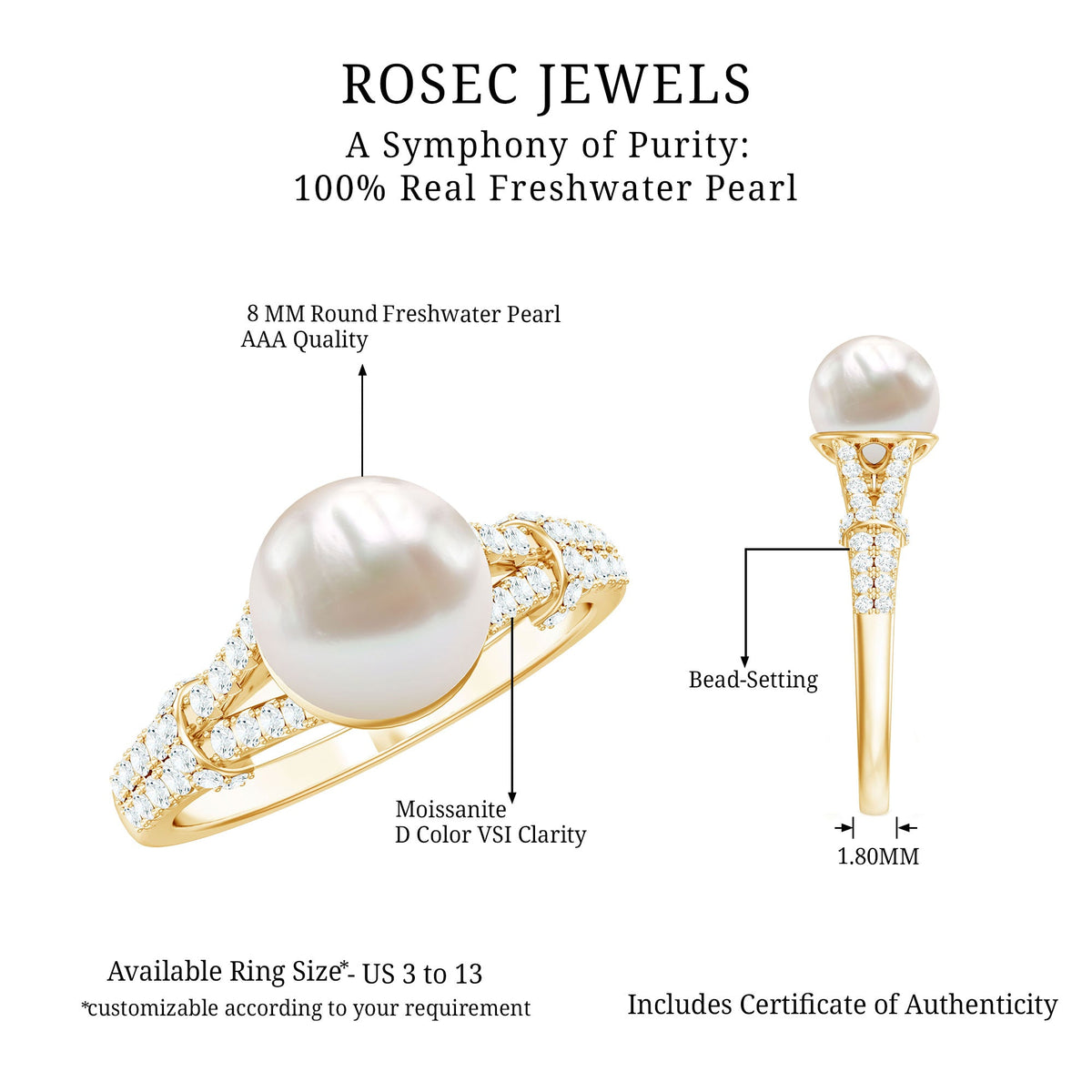 Rosec Jewels cultured 7.4 carat freshwater pearl engagement ring with lab diamond accents, featuring a delicate and elegant design.
