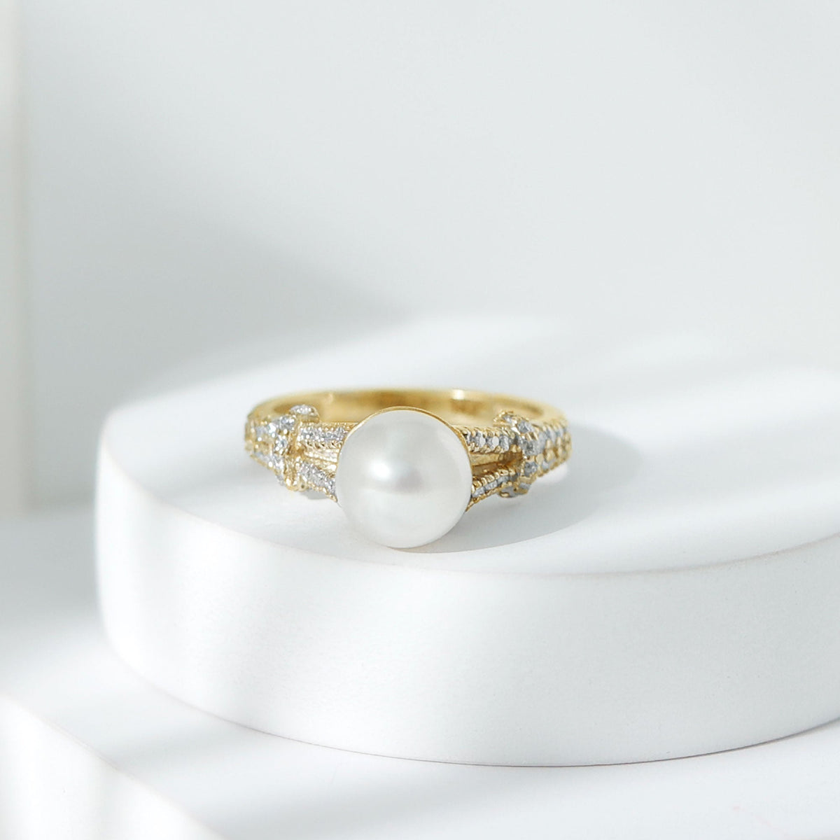Cultured 7.4 carat freshwater pearl engagement ring with lab diamonds from Rosec Jewels, featuring a elegant design with sparkling accents.