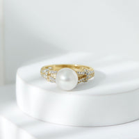 Cultured 7.4 carat freshwater pearl engagement ring with lab diamonds from Rosec Jewels, featuring a elegant design with sparkling accents.