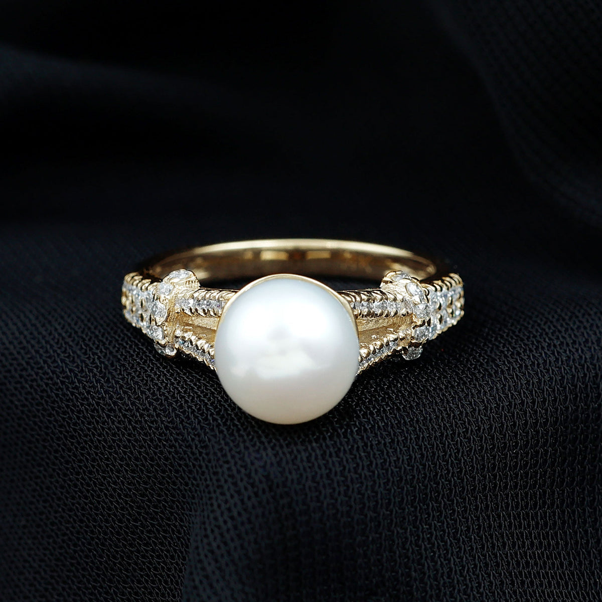 Rosec Jewels cultured 7.4 carat freshwater pearl engagement ring with lab diamond accents, featuring a elegant design.